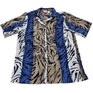 Alia Vintage Women's Button-Up Short-Sleeve Tiger Print Shirt Size 8 blue beige